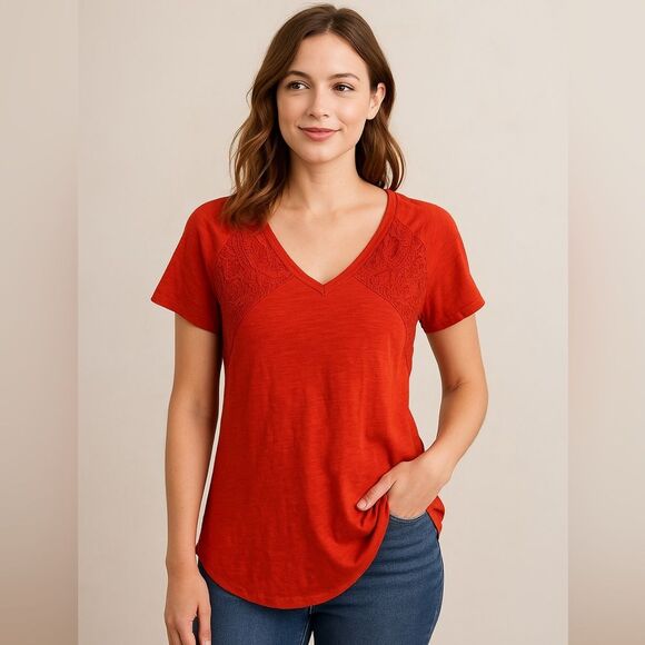 Knox Rose Tops - Knox Rose Red Lace V-Neck Short Sleeve Tee Boho Soft Casual Top XS